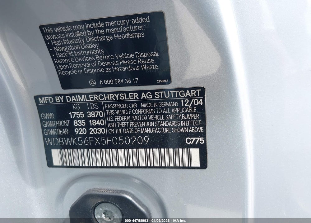 2005 MERCEDES-BENZ SLK 350 VIN: WDBWK56FX5F050209