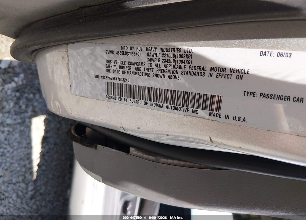 2004 SUBARU OUTBACK VIN: 4S3BH675547603240