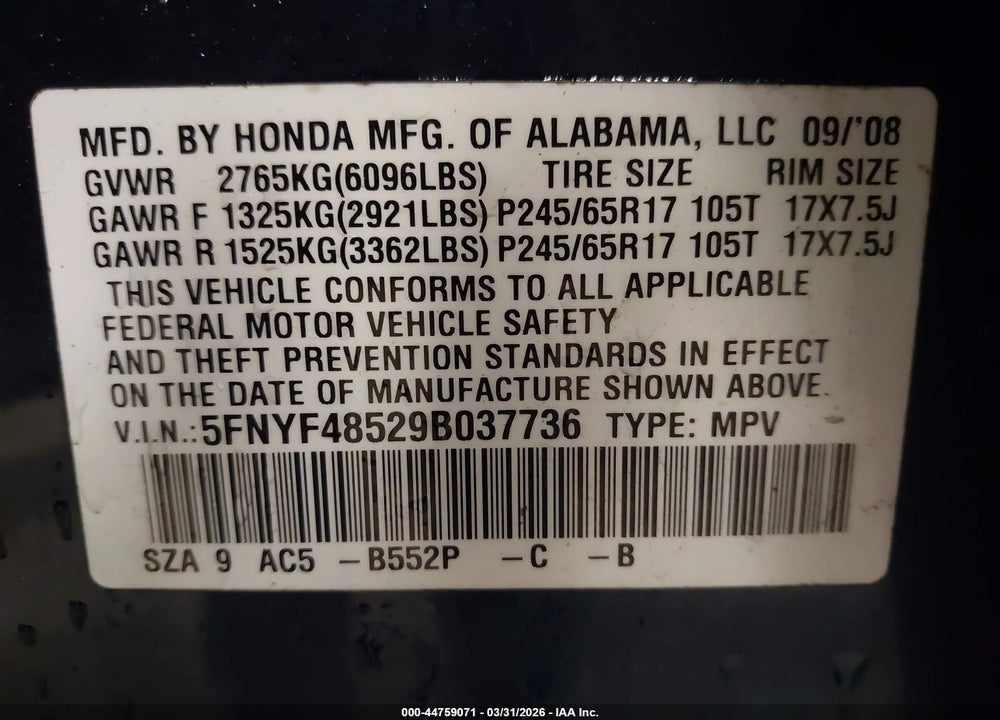 2009 HONDA PILOT EX-L VIN: 5FNYF48529B037736