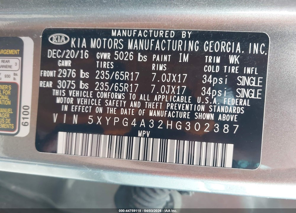 2017 KIA SORENTO 2.4L L VIN: 5XYPG4A32HG302387