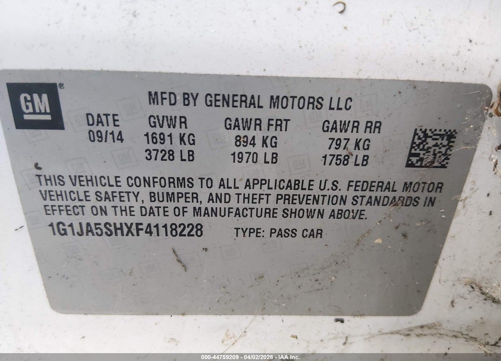 2015 CHEVROLET SONIC LS AUTO VIN: 1G1JA5SHXF4118228