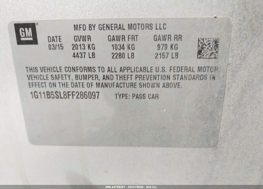 2015 CHEVROLET MALIBU LS VIN: 1G11B5SL8FF286097