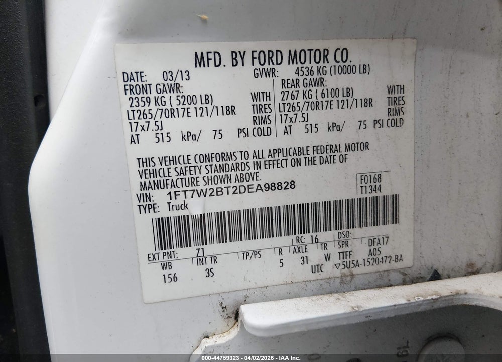 2013 FORD F-250 XLT VIN: 1FT7W2BT2DEA98828