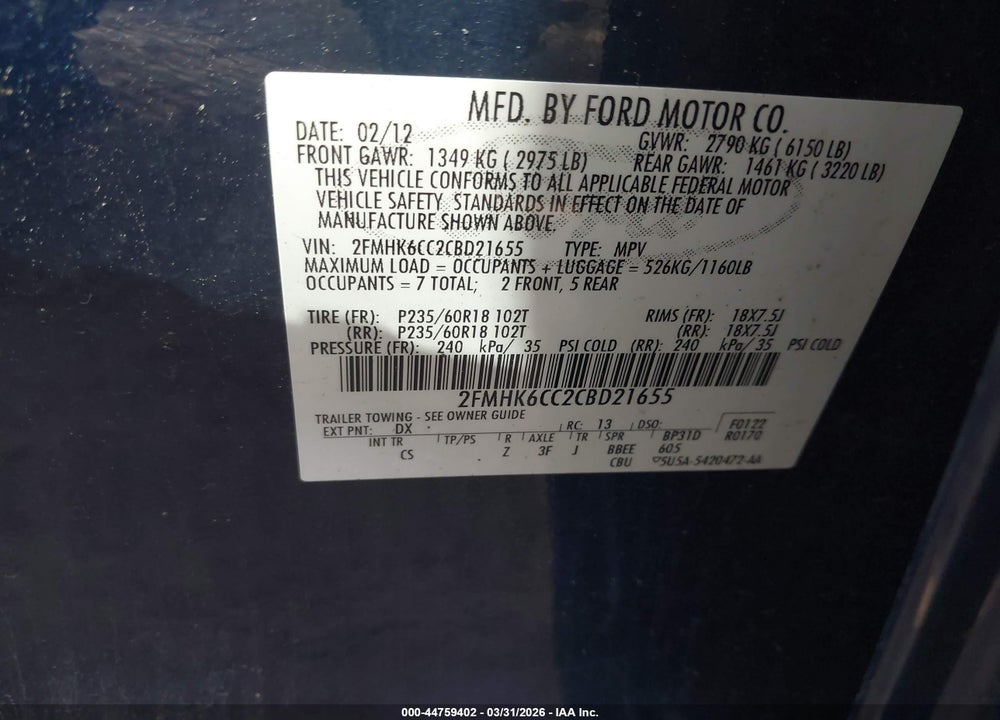 2012 FORD FLEX SEL VIN: 2FMHK6CC2CBD21655