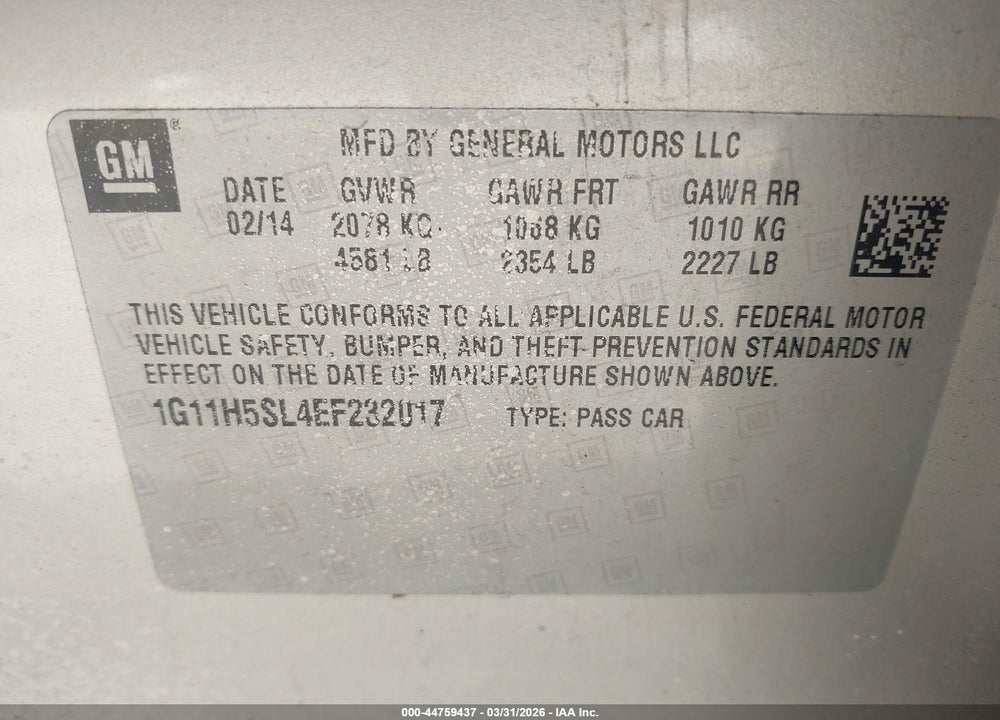 2014 CHEVROLET MALIBU 1LZ VIN: 1G11H5SL4EF232017