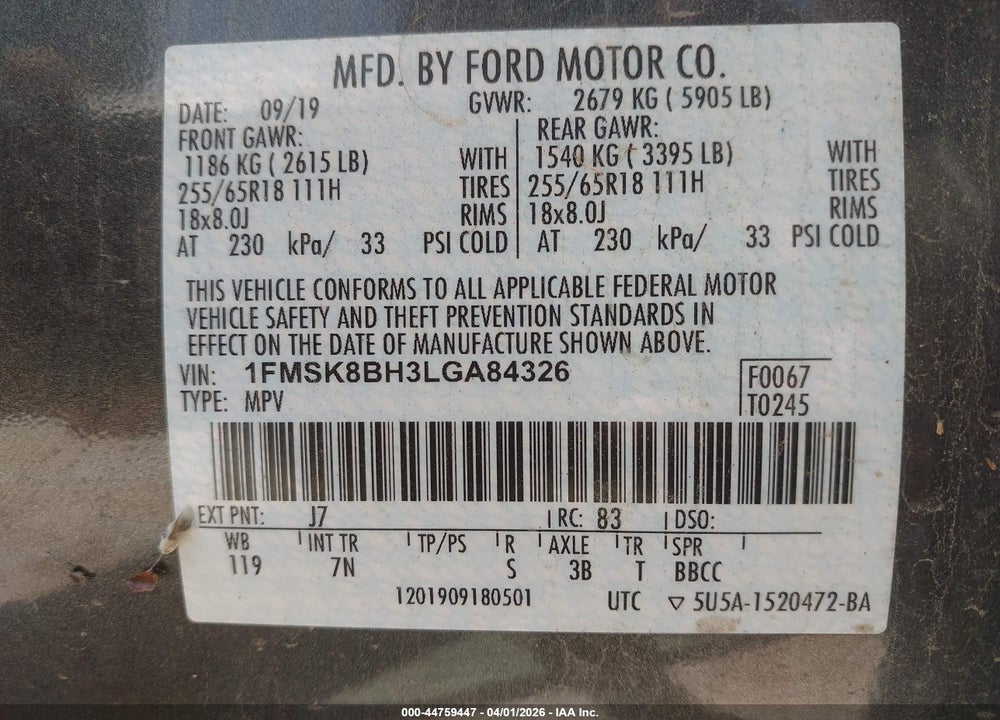 2020 FORD EXPLORER VIN: 1FMSK8BH3LGA84326