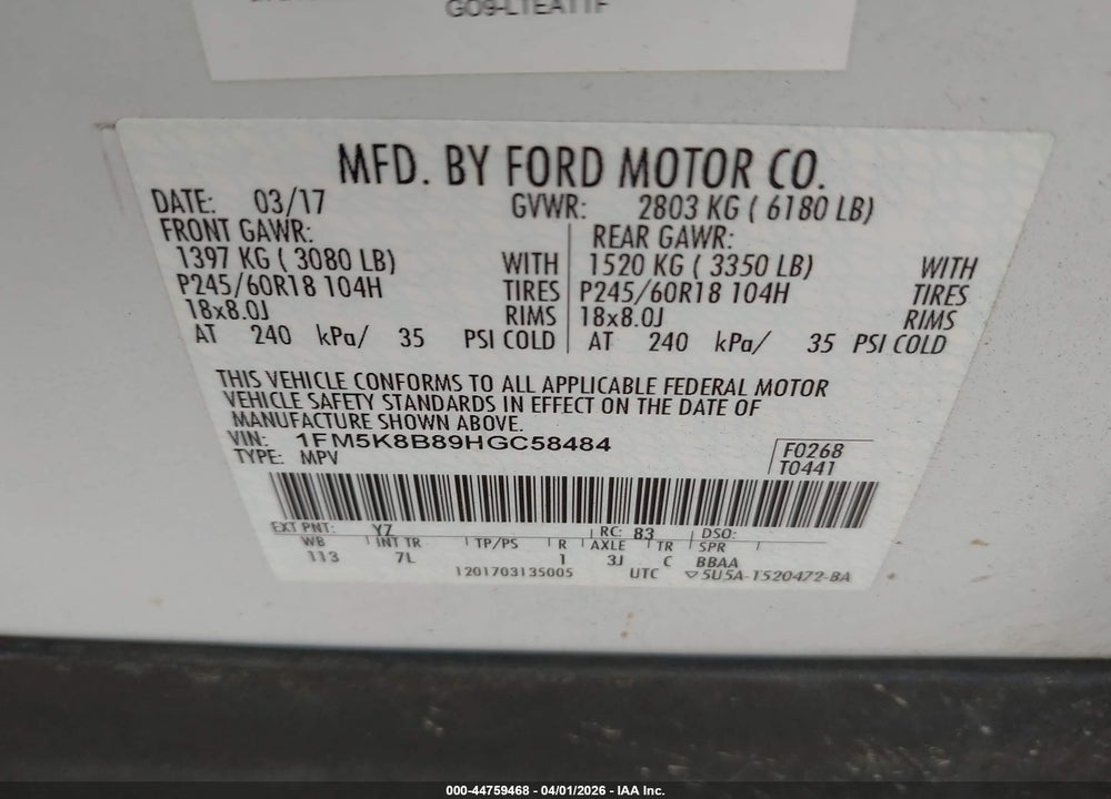 2017 FORD EXPLORER VIN: 1FM5K8B89HGC58484