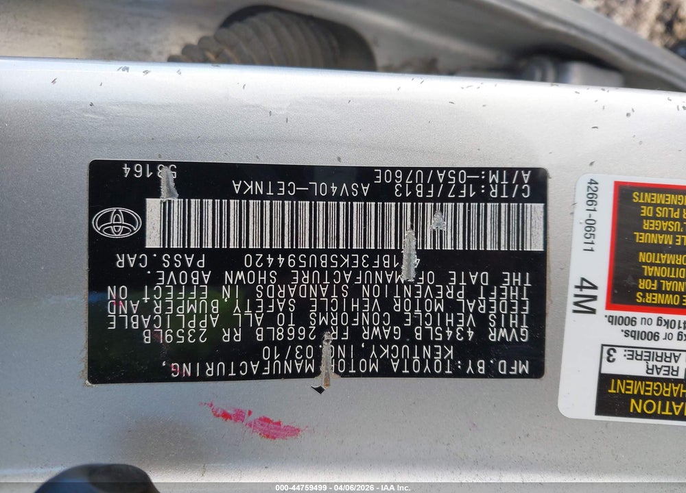 2011 TOYOTA CAMRY LE VIN: 4T1BF3EK5BU594420