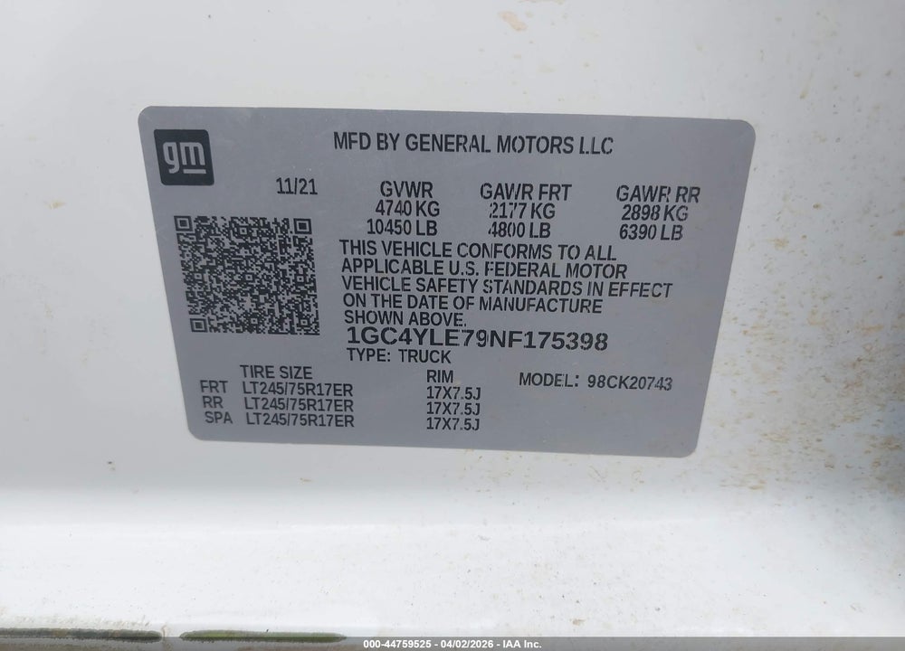 2022 CHEVROLET SILVERADO 2500HD 4WD  STANDARD BED WT VIN: 1GC4YLE79NF175398