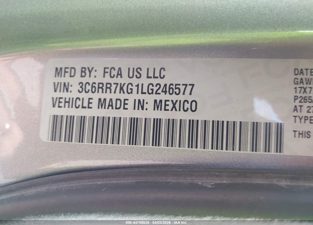 2020 RAM 1500 CLASSIC TRADESMAN  4X4 5'7 BOX VIN: 3C6RR7KG1LG246577