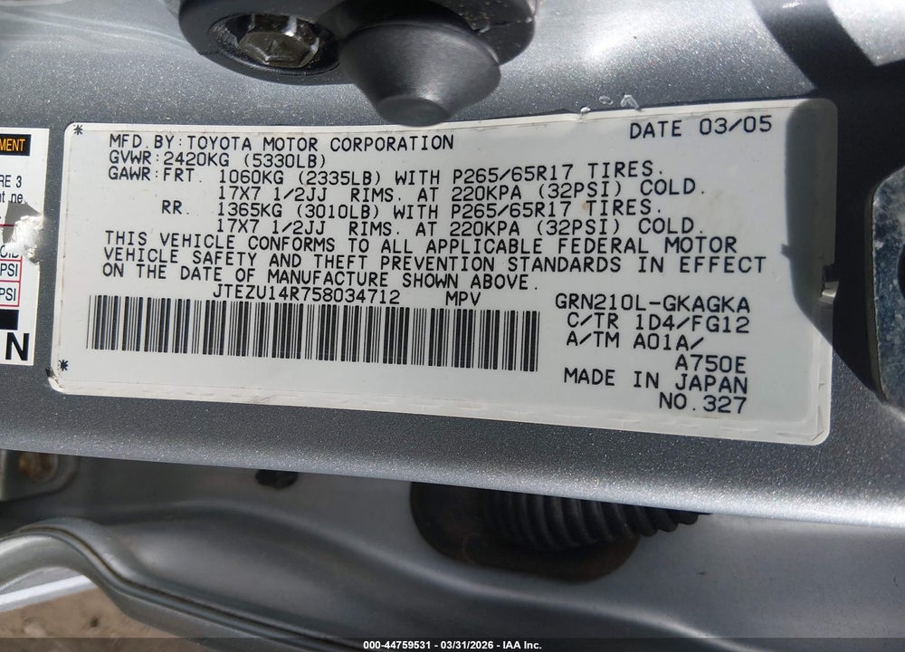 2005 TOYOTA 4RUNNER SR5 V6 VIN: JTEZU14R758034712