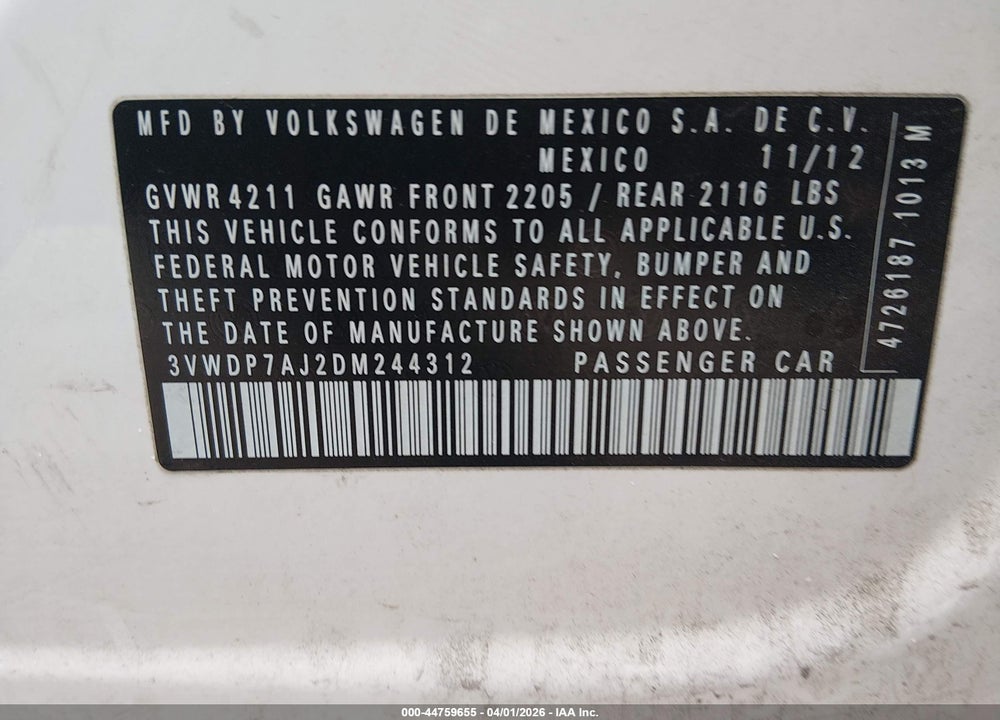 2013 VOLKSWAGEN JETTA 2.5L SE VIN: 3VWDP7AJ2DM244312