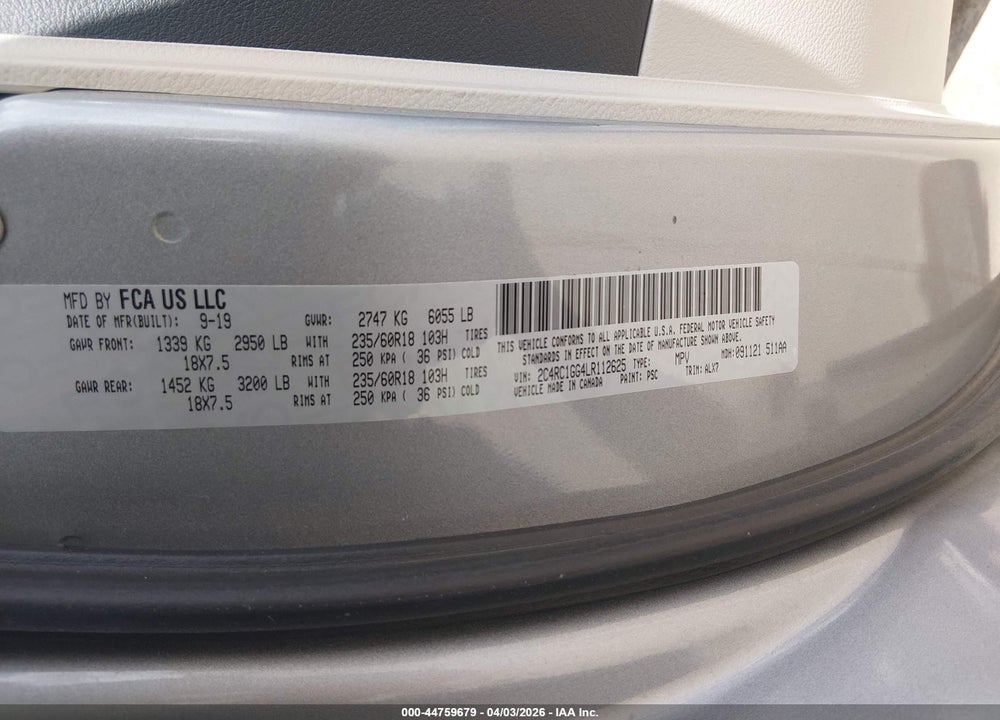 2020 CHRYSLER PACIFICA LIMITED VIN: 2C4RC1GG4LR112625
