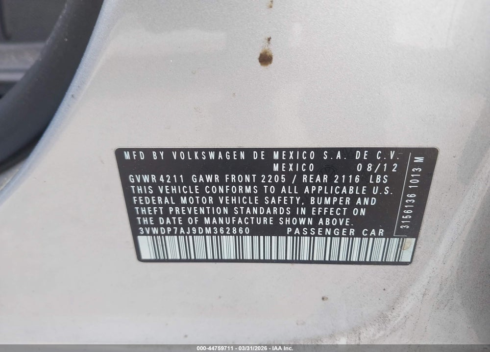 2013 VOLKSWAGEN JETTA SE VIN: 3VWDP7AJ9DM362860