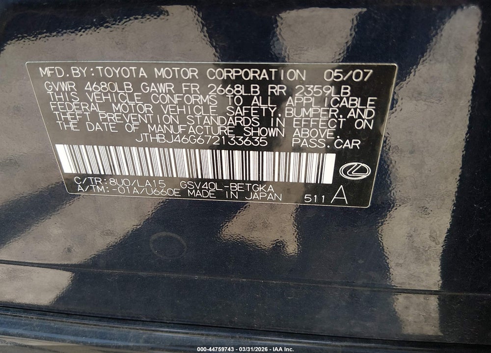 2007 LEXUS ES 350 VIN: JTHBJ46G672133635