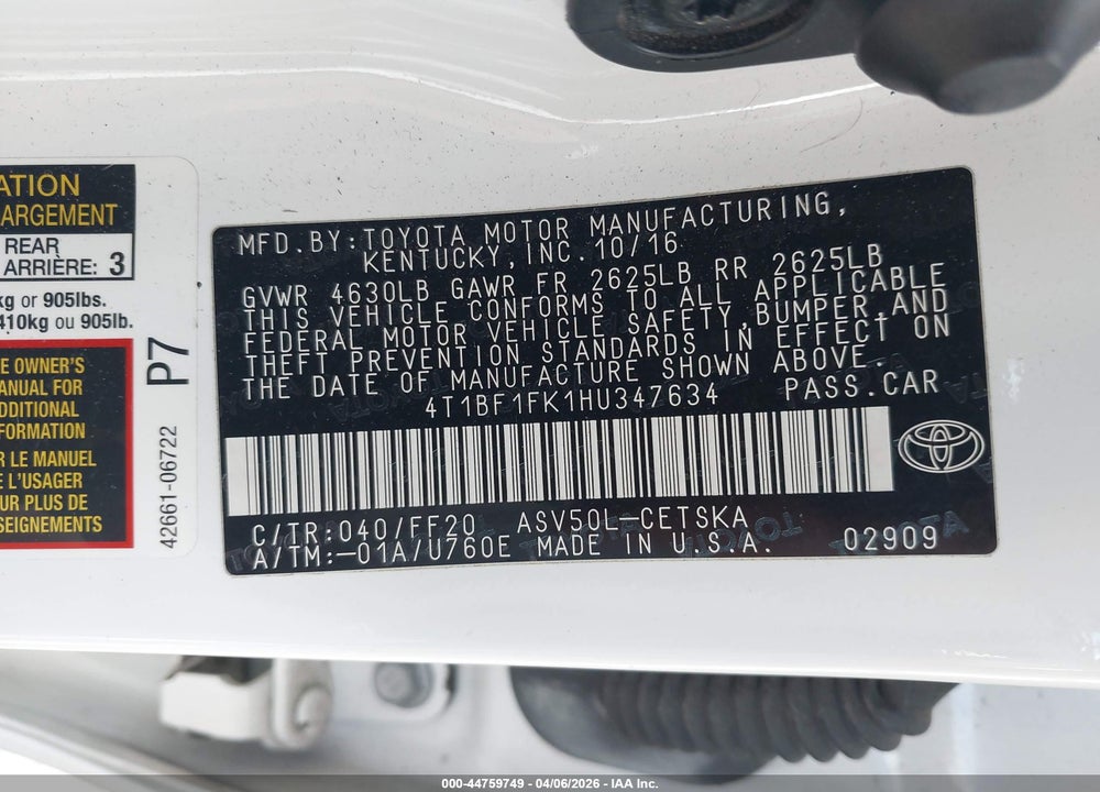 2017 TOYOTA CAMRY SE VIN: 4T1BF1FK1HU347634