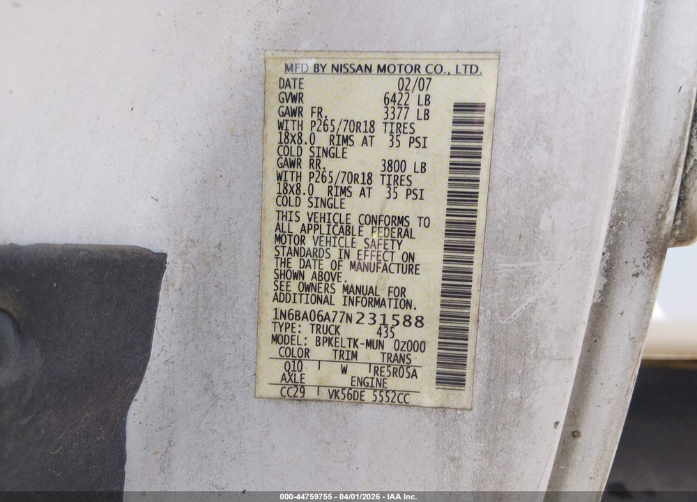 2007 NISSAN TITAN SE VIN: 1N6BA06A77N231588