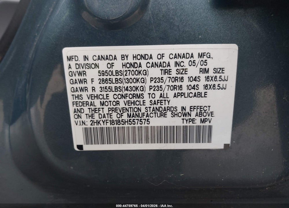 2005 HONDA PILOT LX VIN: 2HKYF18185H557575