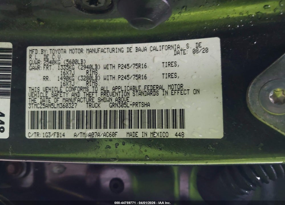 2020 TOYOTA TACOMA SR V6 VIN: 3TMCZ5AN5LM360327