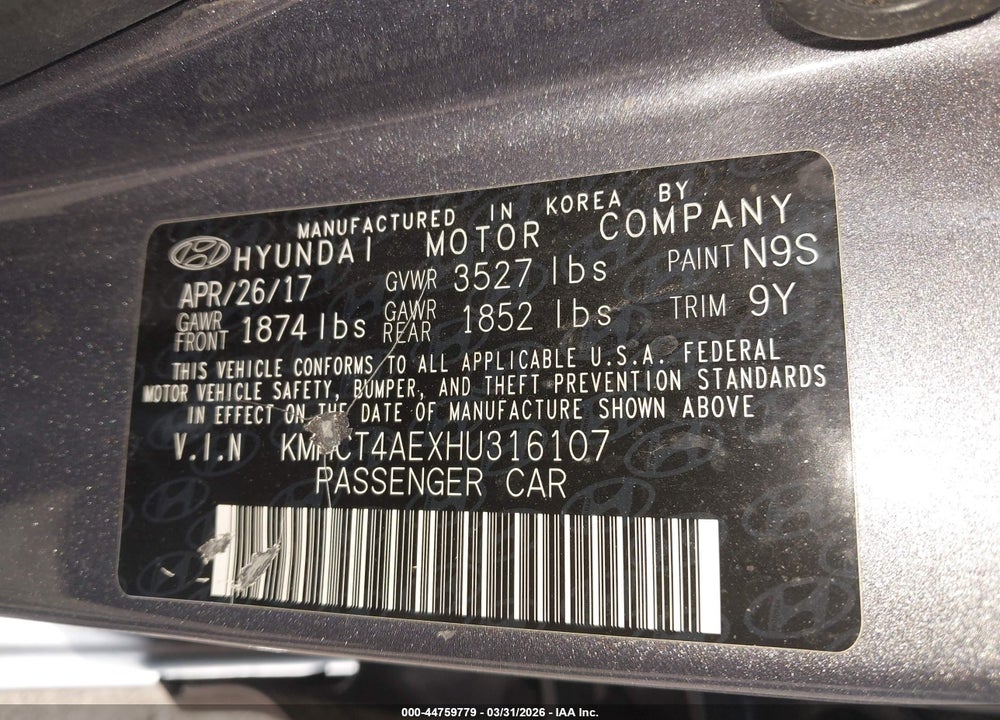 2017 HYUNDAI ACCENT SE VIN: KMHCT4AEXHU316107