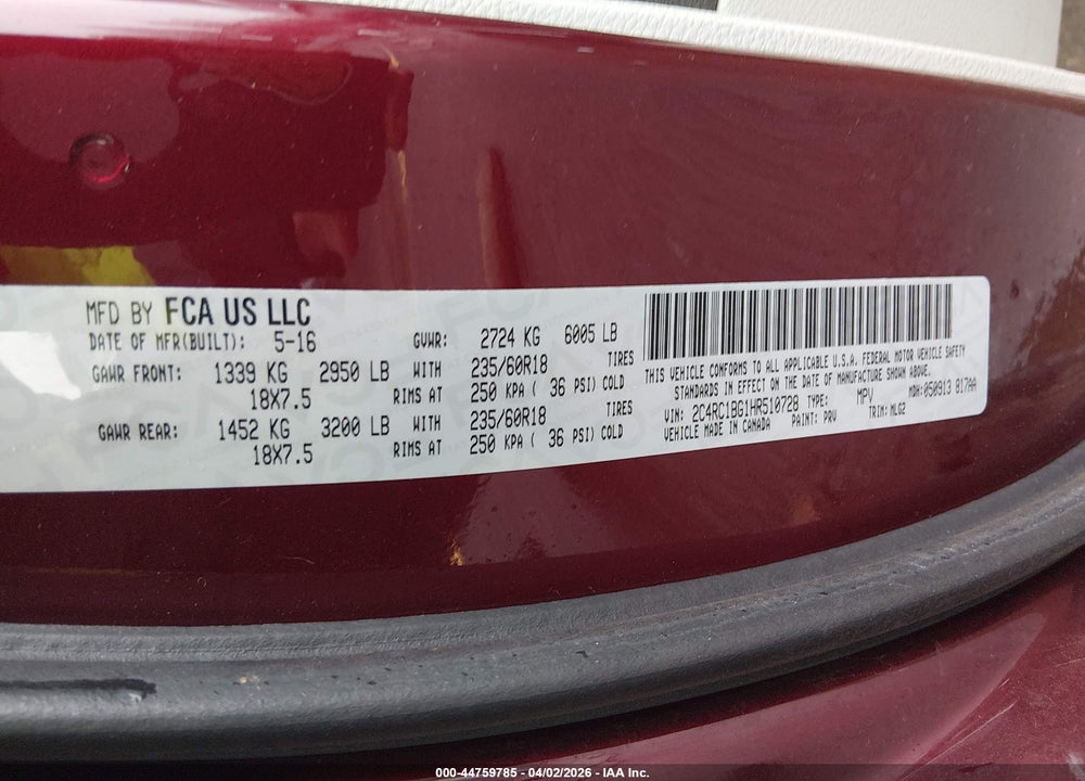 2017 CHRYSLER PACIFICA TOURING-L VIN: 2C4RC1BG1HR510728