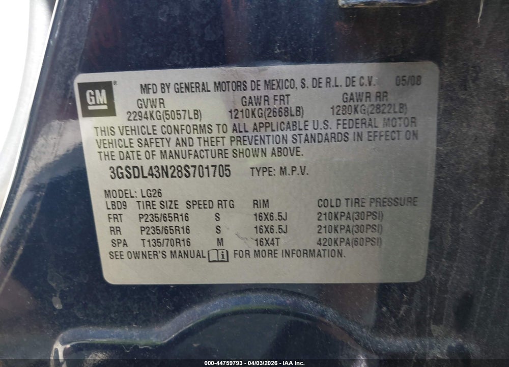 2008 SATURN VUE V6 XE VIN: 3GSDL43N28S701705