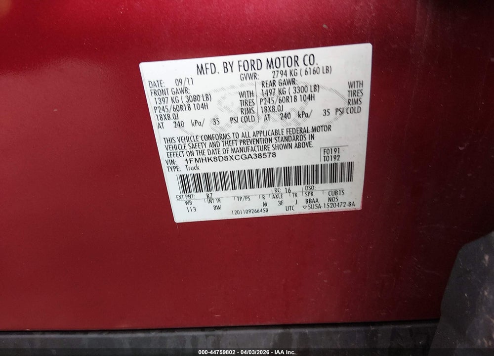 2012 FORD EXPLORER XLT VIN: 1FMHK8D8XCGA38578