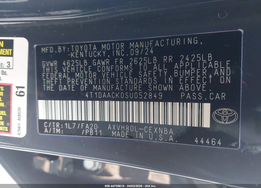 2025 TOYOTA CAMRY LE VIN: 4T1DAACK0SU052849