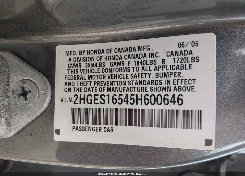 2005 HONDA CIVIC LX VIN: 2HGES16545H600646