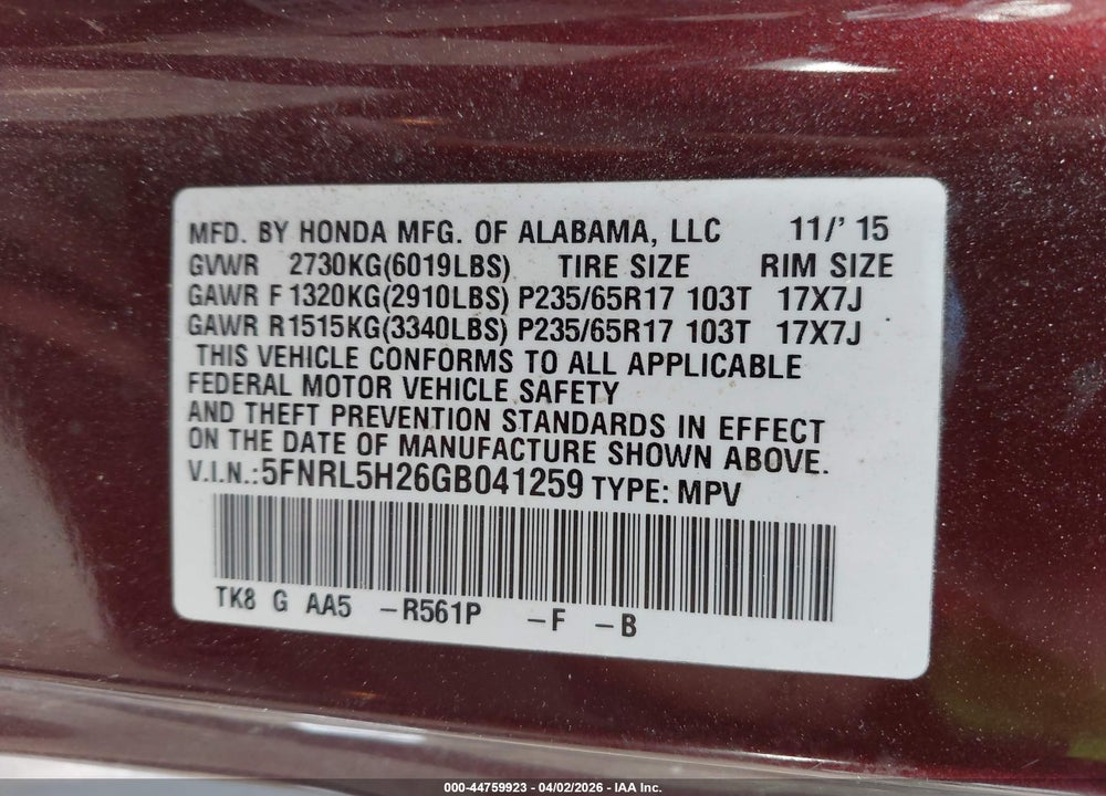 2016 HONDA ODYSSEY LX VIN: 5FNRL5H26GB041259