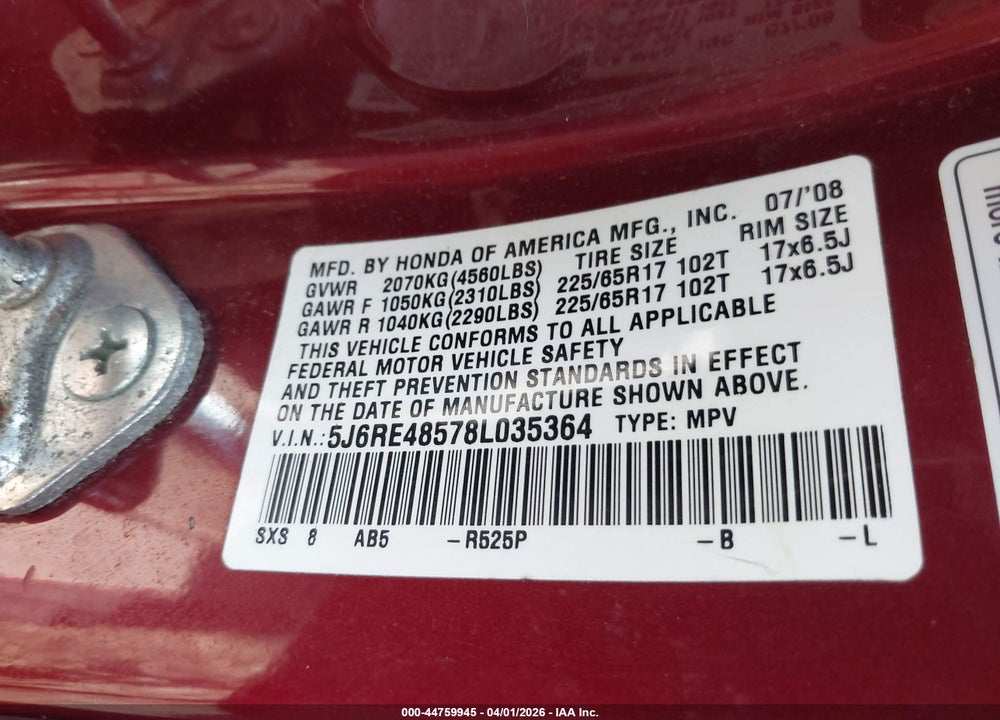 2008 HONDA CR-V EX VIN: 5J6RE48578L035364