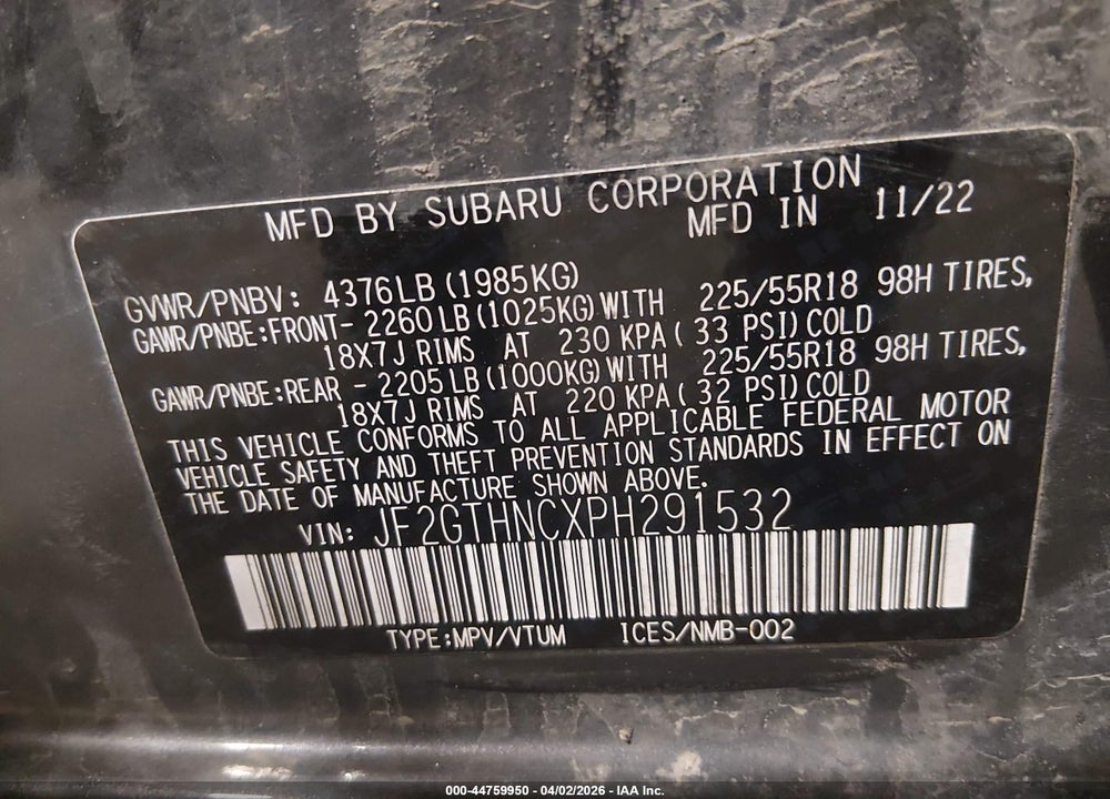 2023 SUBARU CROSSTREK LIMITED VIN: JF2GTHNCXPH291532