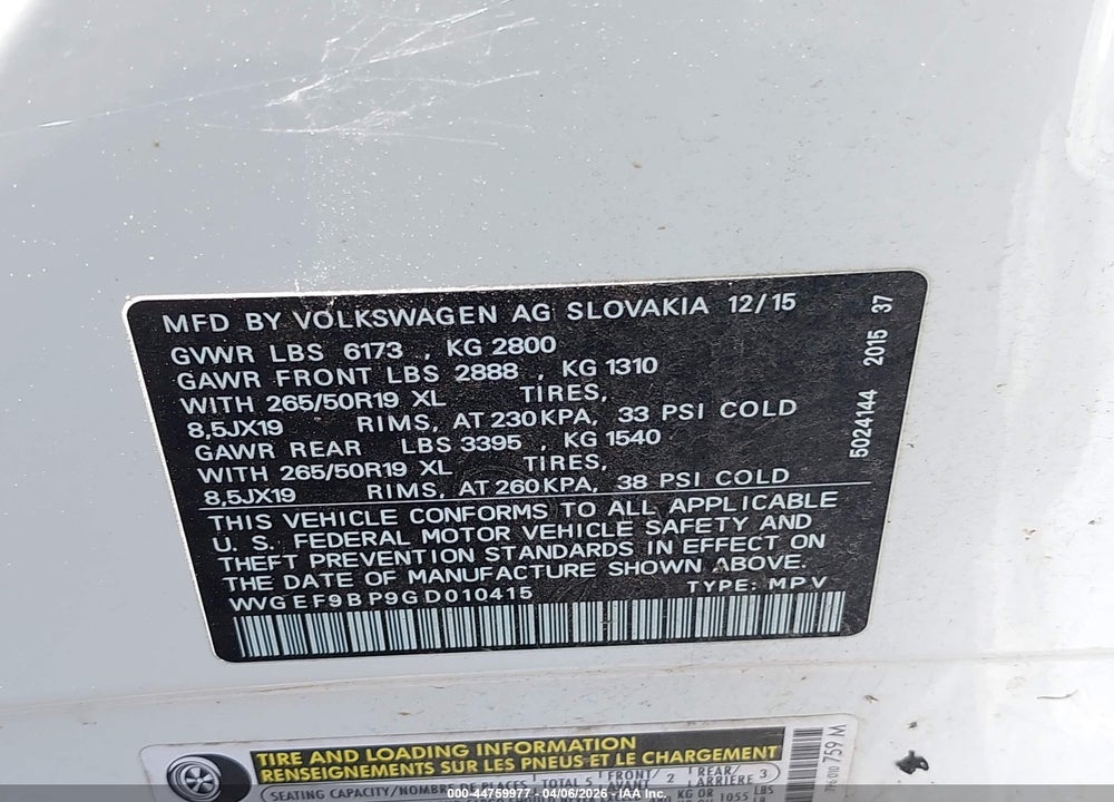 2016 VOLKSWAGEN TOUAREG VR6 LUX VIN: WVGEF9BP9GD010415