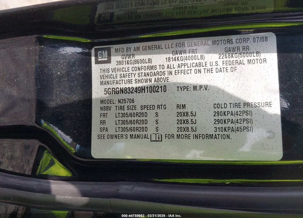 2009 HUMMER H2 SUV VIN: 5GRGN83249H100210