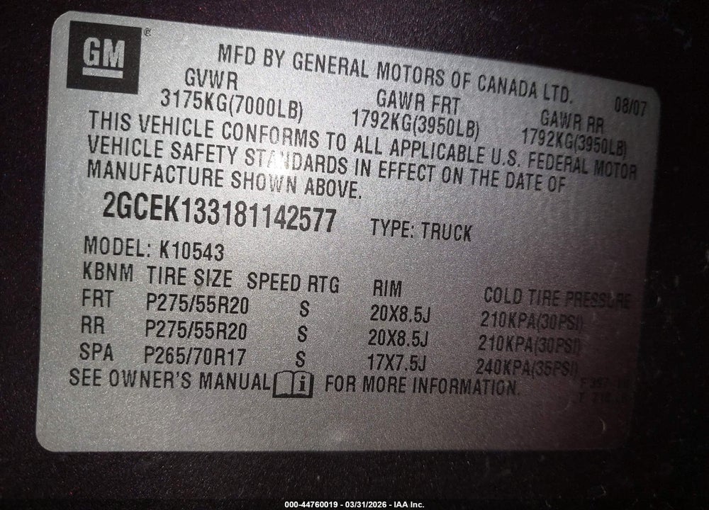 2008 CHEVROLET SILVERADO 1500 LTZ VIN: 2GCEK133181142577