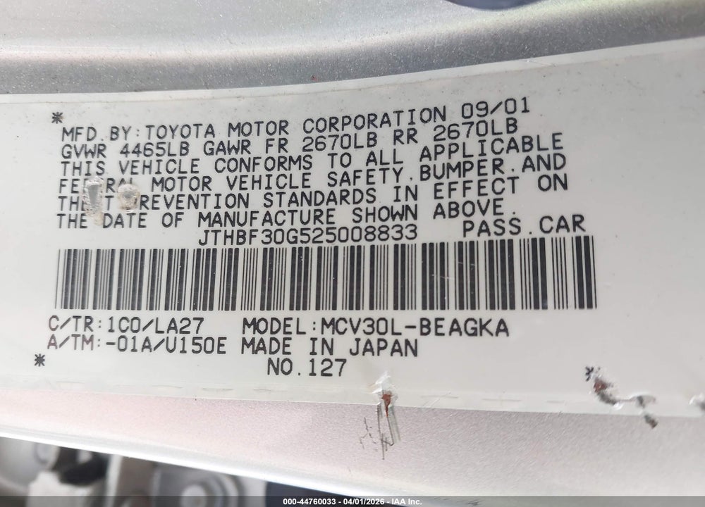 2002 LEXUS ES 300 VIN: JTHBF30G525008833
