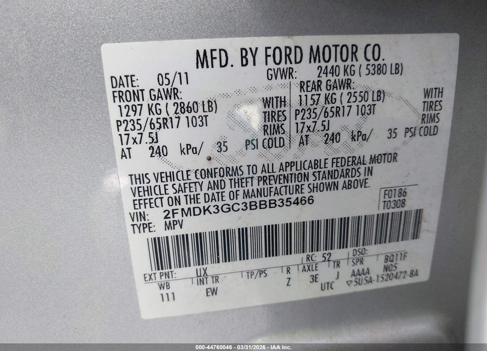 2011 FORD EDGE SE VIN: 2FMDK3GC3BBB35466