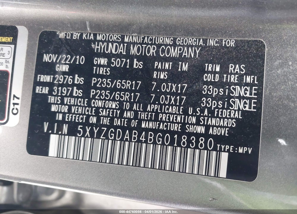 2011 HYUNDAI SANTA FE GLS VIN: 5XYZGDAB4BG018380
