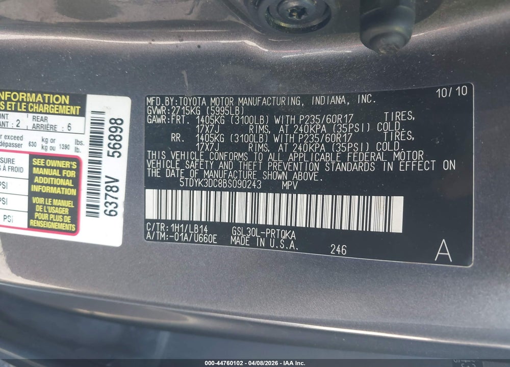2011 TOYOTA SIENNA XLE V6 VIN: 5TDYK3DC8BS090243