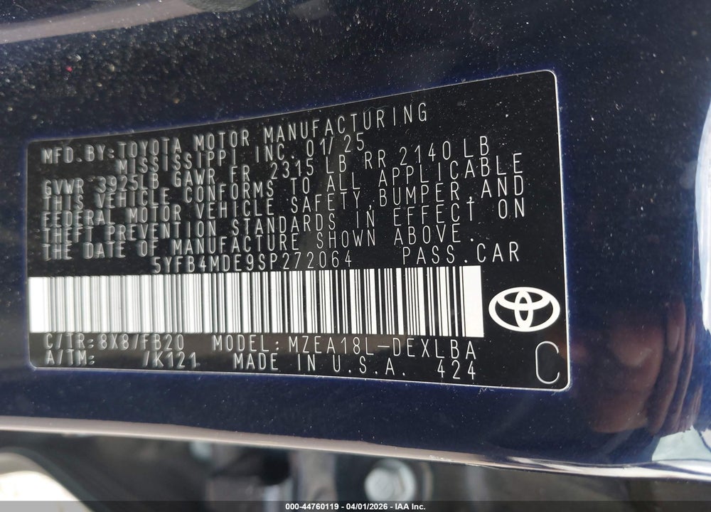 2025 TOYOTA COROLLA LE VIN: 5YFB4MDE9SP272064