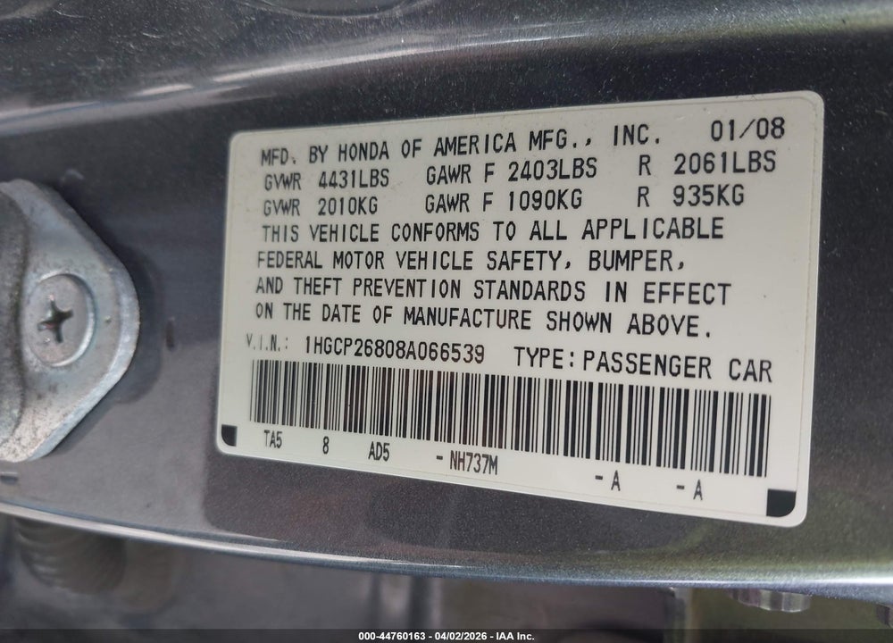 2008 HONDA ACCORD 2.4 EX-L VIN: 1HGCP26808A066539