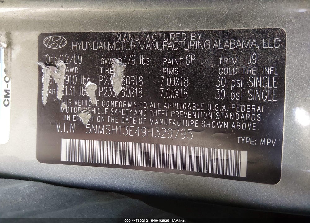 2009 HYUNDAI SANTA FE LIMITED VIN: 5NMSH13E49H329795