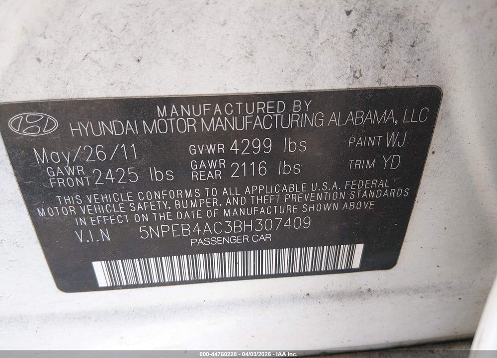 2011 HYUNDAI SONATA GLS VIN: 5NPEB4AC3BH307409
