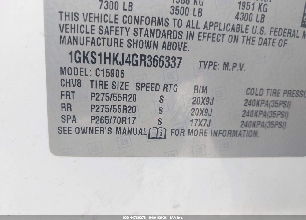 2016 GMC YUKON XL DENALI VIN: 1GKS1HKJ4GR366337