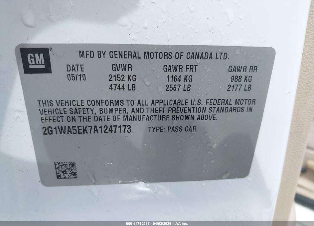 2010 CHEVROLET IMPALA LS VIN: 2G1WA5EK7A1247173