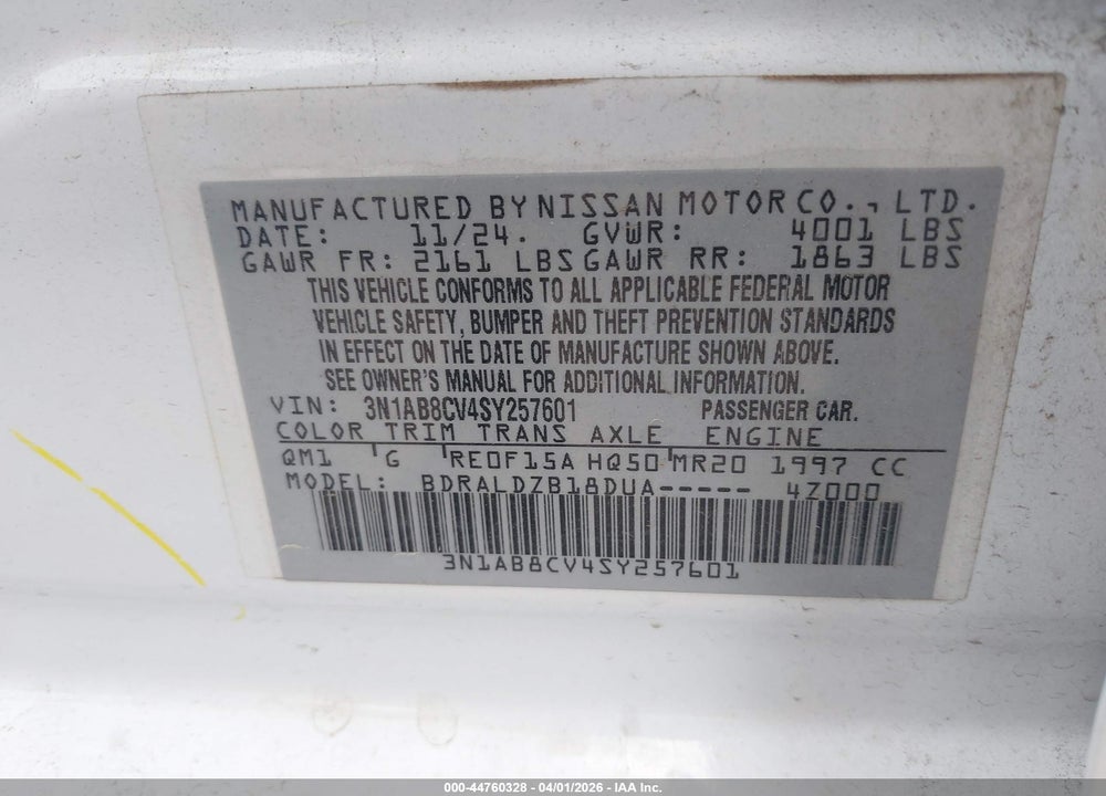 2025 NISSAN SENTRA SV VIN: 3N1AB8CV4SY257601