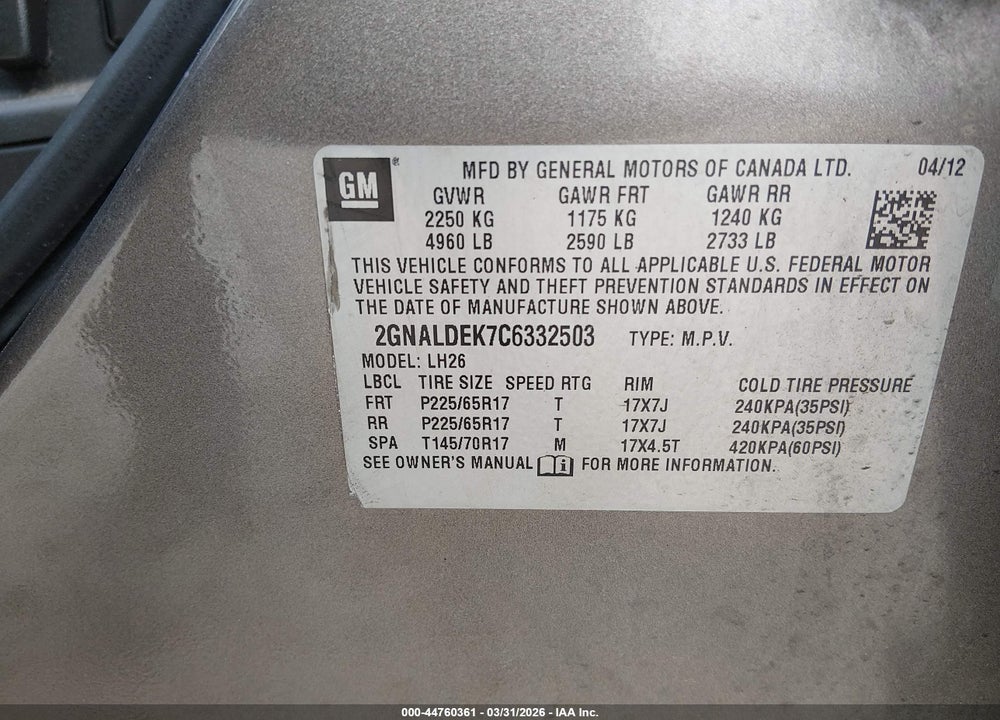2012 CHEVROLET EQUINOX 1LT VIN: 2GNALDEK7C6332503