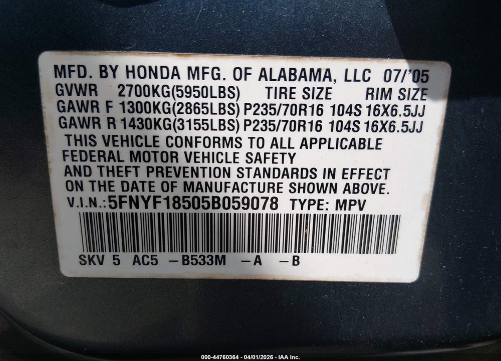 2005 HONDA PILOT EX-L VIN: 5FNYF18505B059078