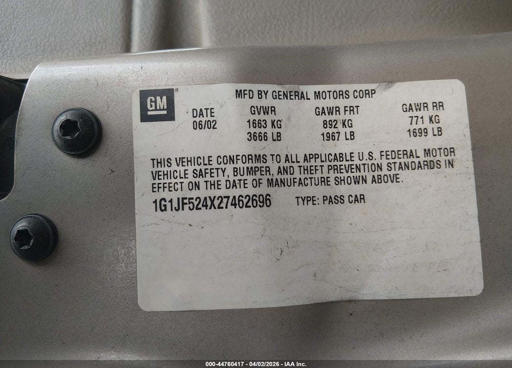 2002 CHEVROLET CAVALIER LS VIN: 1G1JF524X27462696