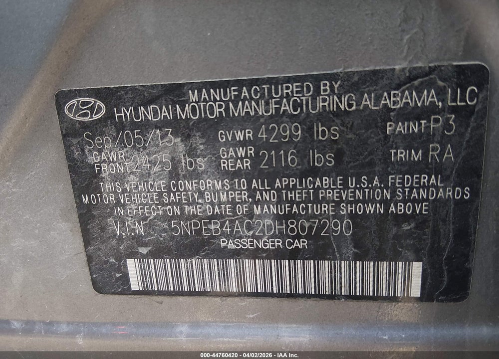 2013 HYUNDAI SONATA GLS VIN: 5NPEB4AC2DH807290